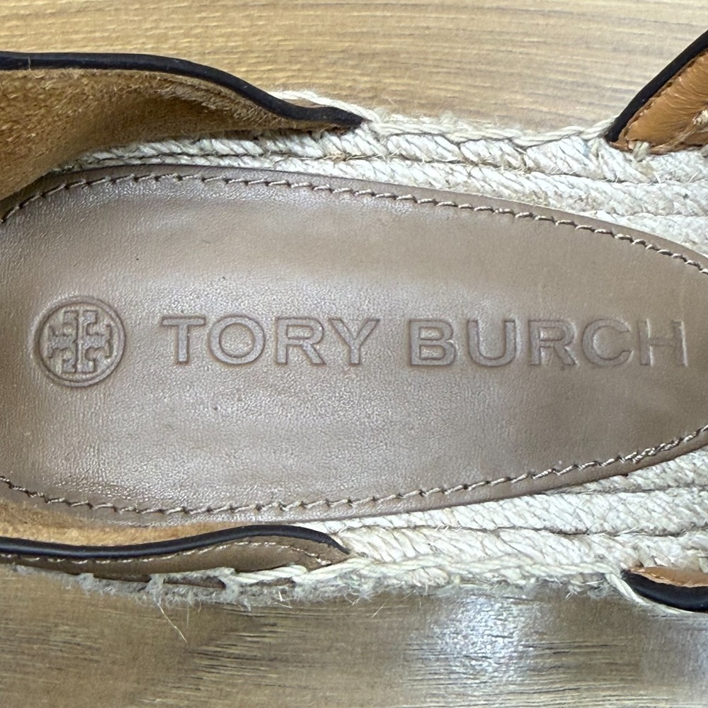 Tory Burch Basketweave Platform Wedge Sandals 8 M Almond Flour Ankle Strap - Picture 11 of 12